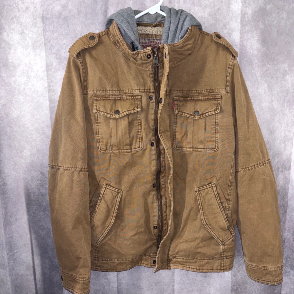 Levis Military Jacket Men's Small Khaki Brown Hoodie Sherpa Fleece Lined FullZip